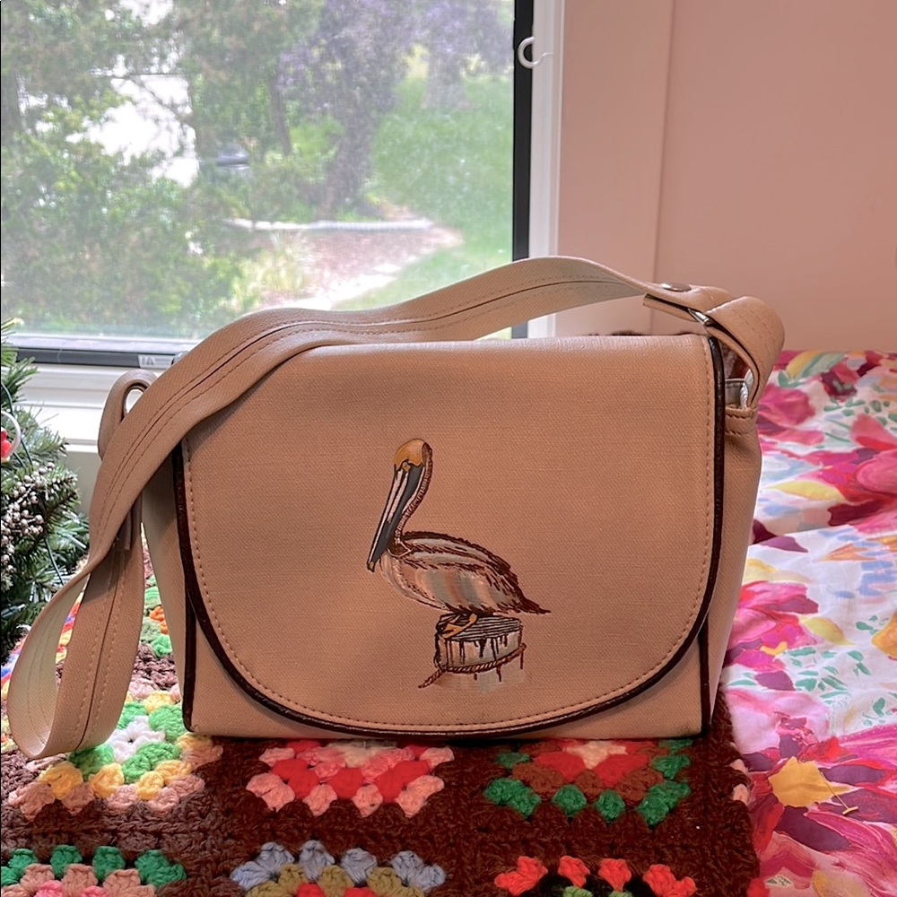 Vintage Beige Pelican Embroidered shoulder Bag